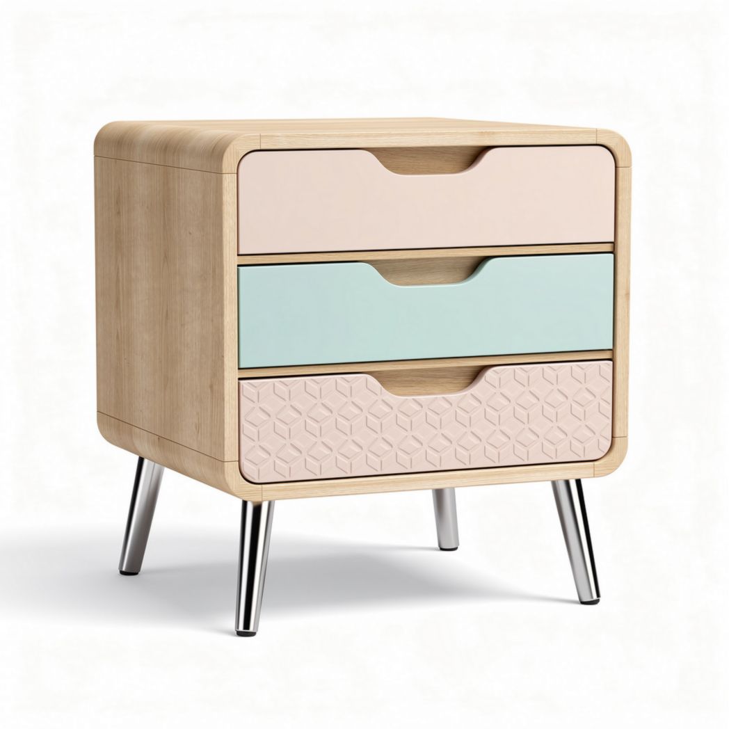 Wooden Storage Nightstand with Three Drawers for Bedroom Use Metal and Wood Construction 40 x 40 x 50cm